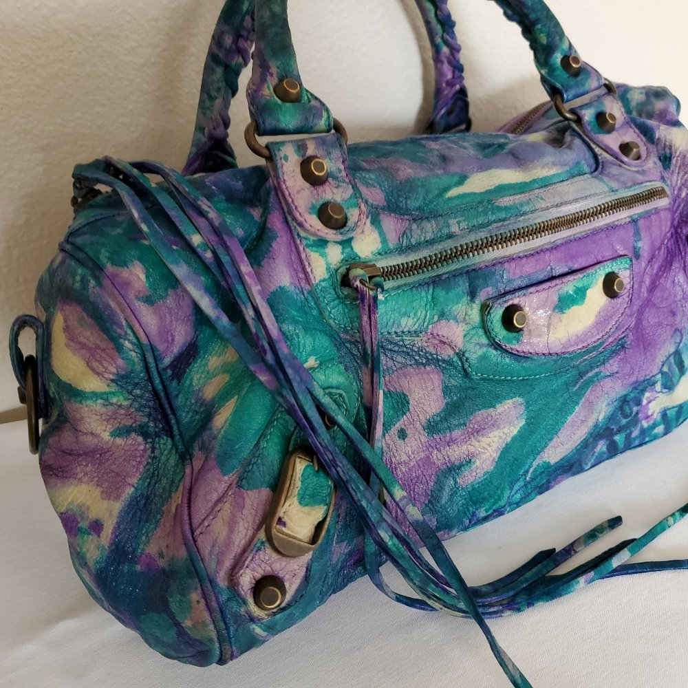 Balenciaga Graffiti City twiggy Handbag Purse green purple blue white tie dyed